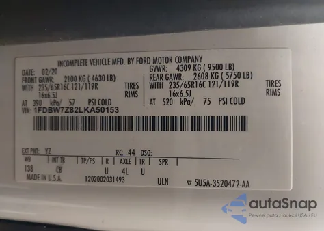 2020 Ford Transit-350 Cab из США, поврежденный, VIN 1FDBW7Z82LKA50153